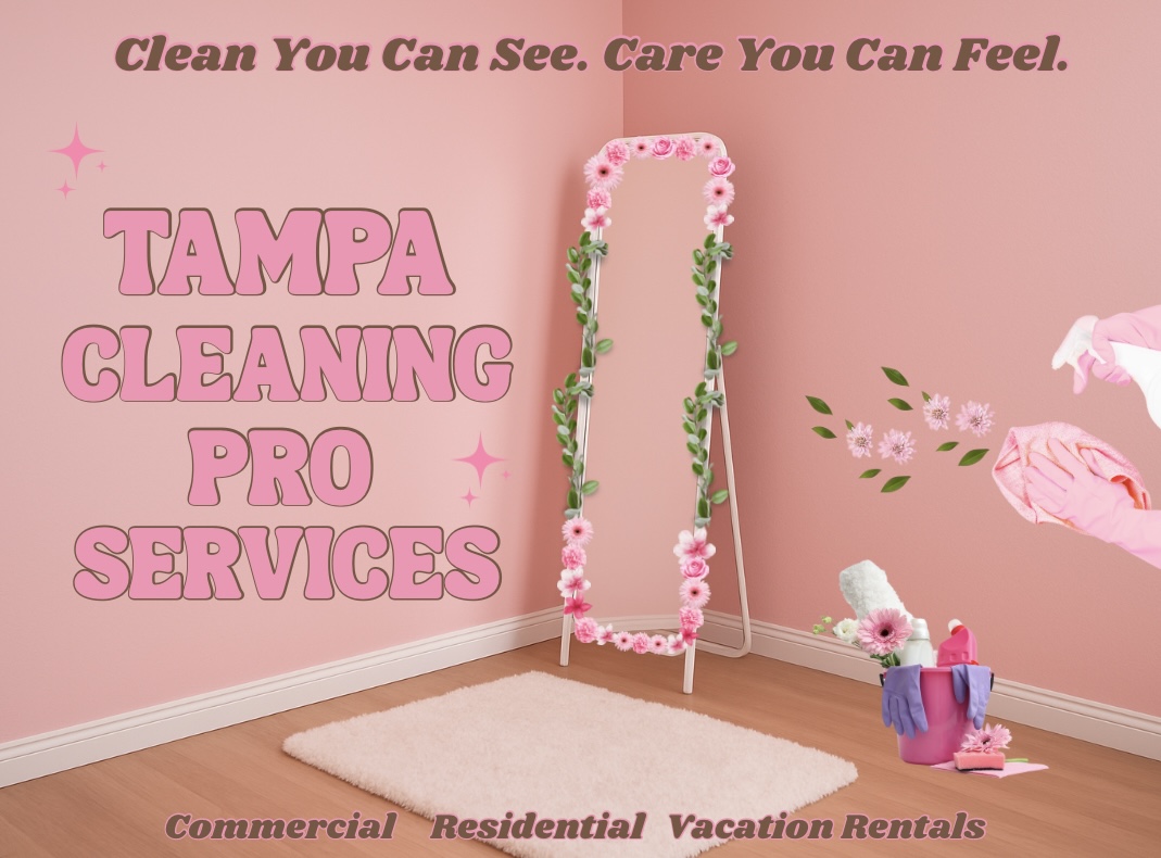 A pink cleaning scene with a floral mirror and cleaning supplies